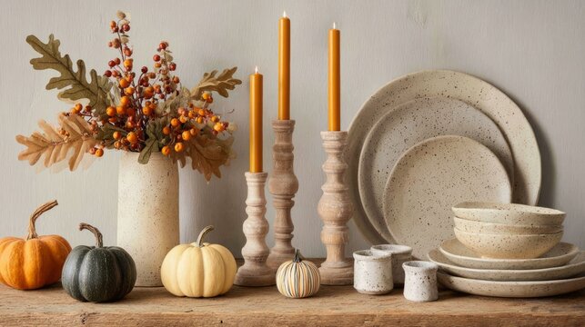 Pumpkins, taper candles and stacked ceramic plates on retail shelf, Thanksgiving tabletop setting concept
