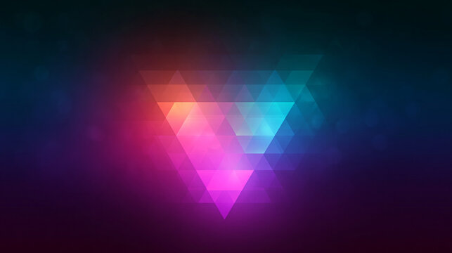 Symmetrical neon triangle pyramid on dark background utilizing glowing magenta and cyan polygons for branding.