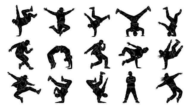 Breakdance silhouettes featuring dynamic street dancers performing athletic poses isolated in solid flat black graphic style