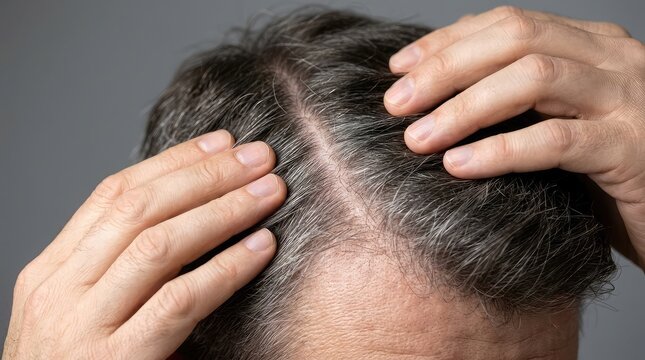 Close up of person checking scalp and hair roots revealing gray hair and dandruff