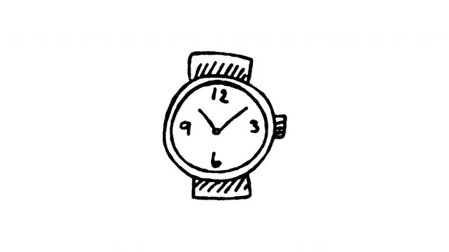 4K hand drawn wristwatch timepiece pop-up icon featuring boiling line animation. Frame by frame line art on black and green screen backgrounds for wearable watch, wrist accessory, classic time.