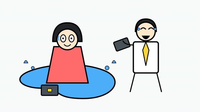 Funny cartoon of office employee sitting in a puddle while colleague laughs