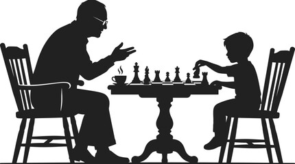 Fototapeta premium Elderly grandfather and young grandson playing chess together in this sharp black and white vector silhouette