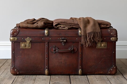 Vintage leather trunk with folded clothes and warm blanket inside cozy