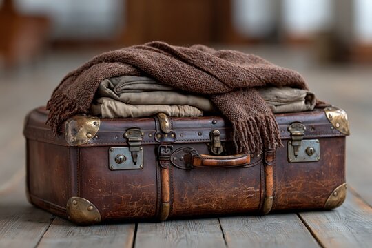 Vintage leather suitcase packed with cozy wool scarf and warm clothes