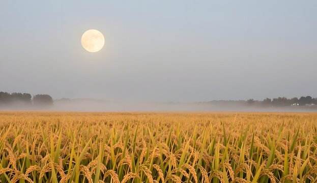 Golden Rice Field Under Full Moon Light With Morning Mist Creating Serene And Mystical Natural Landscape