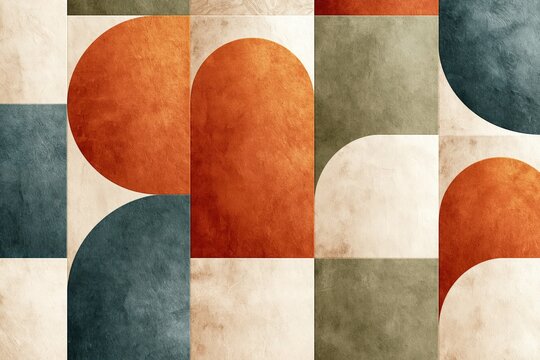 Geometric abstract art wall mural with terracotta and blue circles