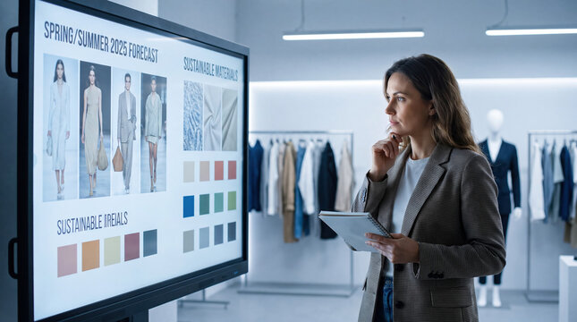 Retail buyer fashion trend seasonal forecast analysis tablet showroom sustainable, thoughtful buyer analyzes seasonal fashion trend forecast on digital screen with apparel rack and color palette