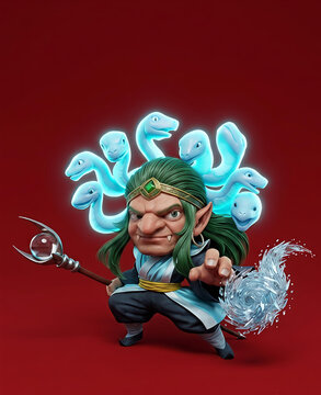 3D Render of Balinese Barong Water Demon with Blue Hair and Red Background