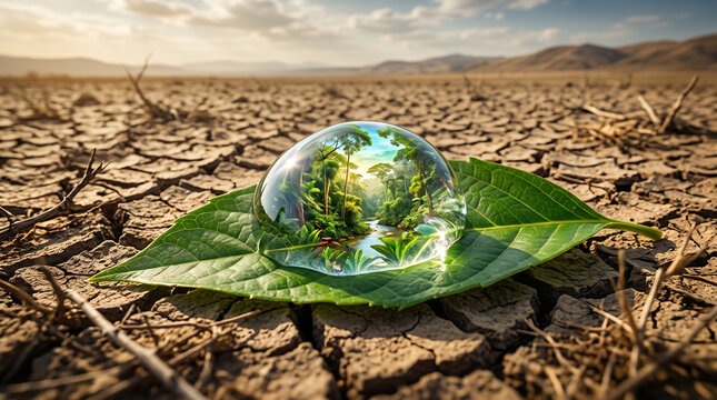 Amazon rainforest reflected in a single water droplet resting on a leaf while the surrounding landscape is dry and cracked, powerful concept of freshwater scarcity and climate change