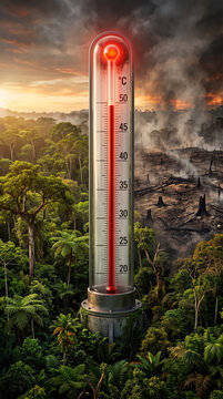 Giant thermometer standing in the middle of the Amazon rainforest, the green forest gradually fading into scorched land as the temperature rises, symbolic concept of global warming