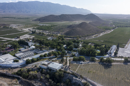Aerial view of Casa Madero vinedos featuring expansive vineyards, historic winery buildings, and lush trees set against arid mountains in Parras de la Fuente, Coahuila de Zaragoza, Mexico.