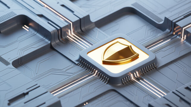 Golden shield icon centered on a futuristic electronic computer processor chip.