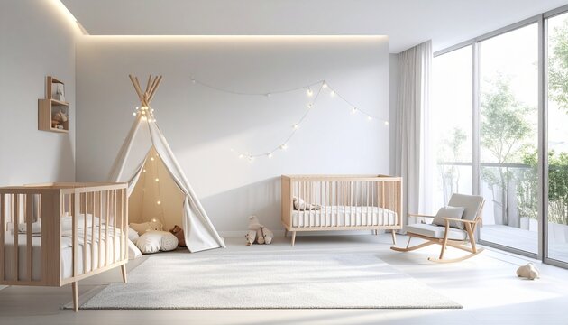 Modern scandinavian style nursery interior with two cribs and decorative play tent in bright sunlight interior scandinavian
