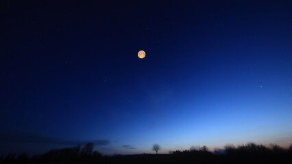 Full Moon, stars and planets above landscape silhouettes. © astrosystem
