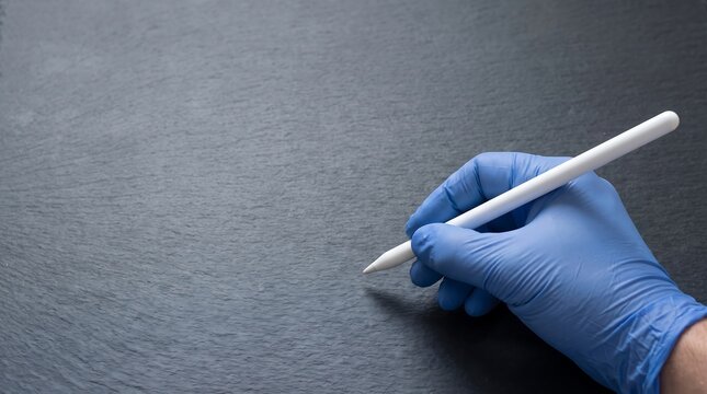 Hand in Medical Glove Holding Digital Stylus on Slate Surface