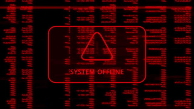 A warning message written 'SYSTEM OFFLINE' on the background of a computer screen interface, scrolling lines of red code data, cybersecurity risk and system warning animation.