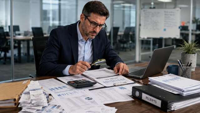 Accounting and tax preparation with professional reviewing receipts, financial reports and paperwork in an office