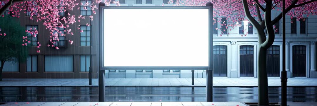 Blank outdoor billboard on city street with spring trees, urban advertising concept, website banner with copy space for text