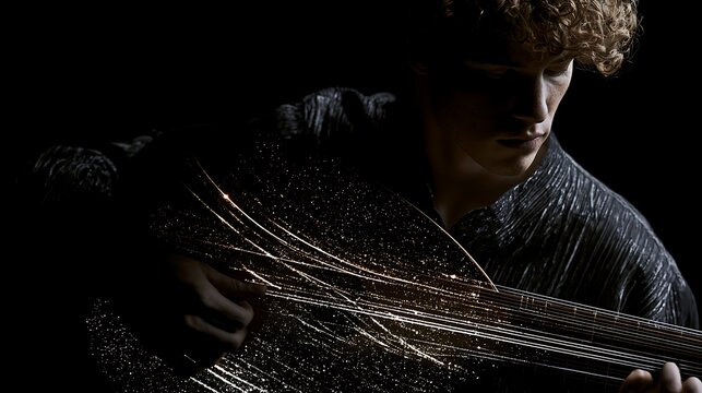 Prompt: A moody portrait of a musician holding a lute. The strings of the instrument are made of brilliant, laser-thin lines of pure white starlight that vibrate with cosmic dust particles. 