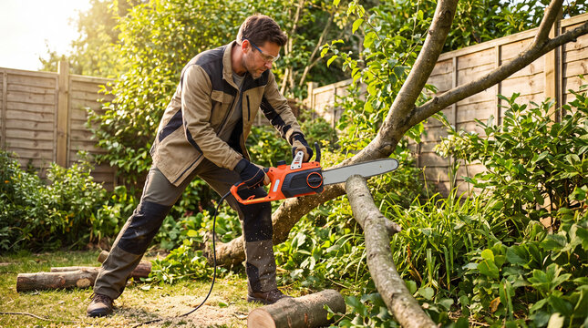 Man using electric chainsaw to cut tree branch in garden  
