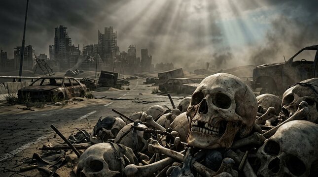 destroyed city war zone with skull pile and bones symbolizing conflict aftermath disaster apocalyptic scene
