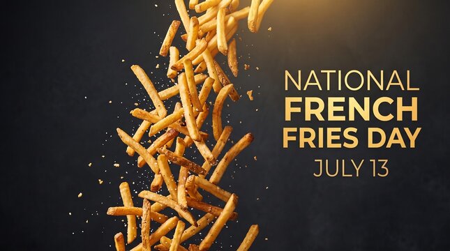 National French Fries Day July 13 banner, falling golden crispy potato fries on black background, fast food holiday promotion
