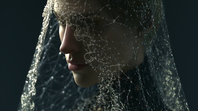 Prompt: A mysterious portrait of a noblewoman wearing a sheer lace veil. The lace patterns are mathematically arranged like the cosmic web of dark matter filaments, with tiny silver clusters 