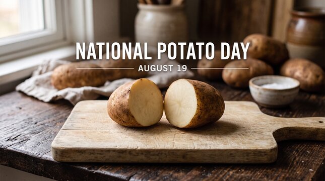 National Potato Day August 19 banner, rustic raw potatoes on wooden cutting board, farmhouse kitchen still life with brown tubers