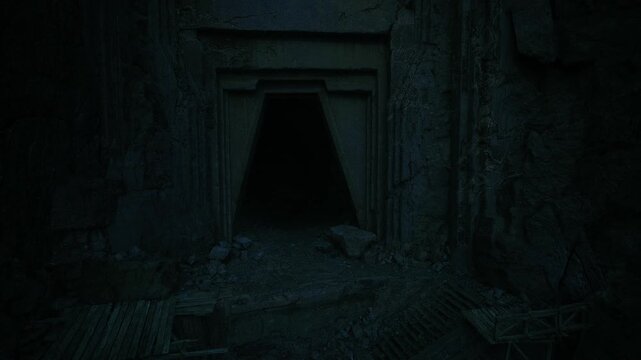 Forbidding tomb aperture framed by rock, ornate lintel shadowed by cool ambient light, cracked stone steps descending into black, evokes archaeological mystery