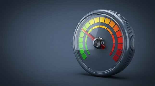 Speedometer gauge with needle pointing to yellow and red zones indicating high performance or risk for monitoring and measurement concepts.
