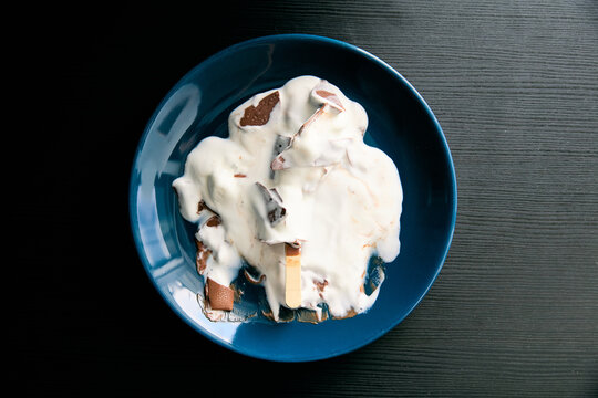 Melted chocolate vanilla ice cream bar on a blue plate