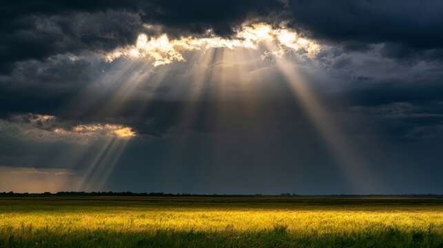 Sun rays piercing dark clouds over a peaceful field, providence and hope concept
