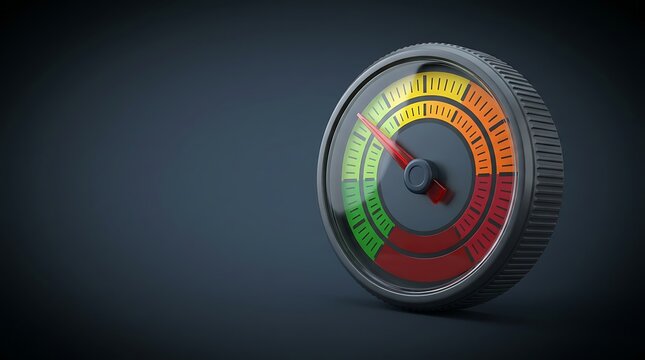 Speedometer gauge with needle pointing to yellow and red zones indicating high performance or risk for monitoring and measurement concepts.