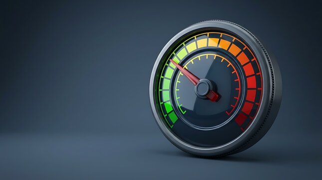 Speedometer gauge with needle pointing to yellow and red zones indicating high performance or risk for monitoring and measurement concepts.