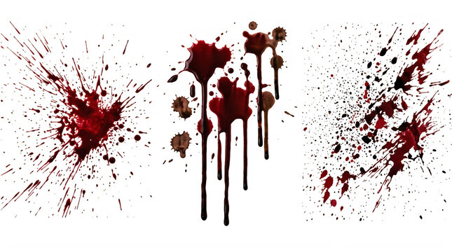 Collection of realistic red blood splatter and drip effects isolated on transparent background