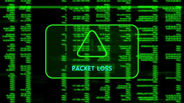 A warning message written 'PACKET LOSS' on the background of a computer screen interface, scrolling lines of green code data, cybersecurity risk and system warning animation.