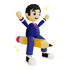 3D character of a young businessman riding a giant pencil like a rocket with excitement