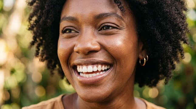 Joyful Black Woman with Natural Afro Hair Smiling Outdoors Celebrating Heritage and Diversity