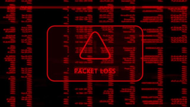 A warning message written 'PACKET LOSS' on the background of a computer screen interface, scrolling lines of red code data, cybersecurity risk and system warning animation.