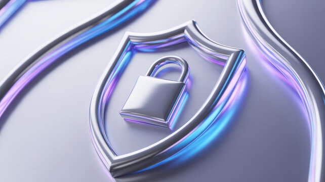 Abstract 3D rendering of a metallic shield icon with a padlock representing digital security and data protection.