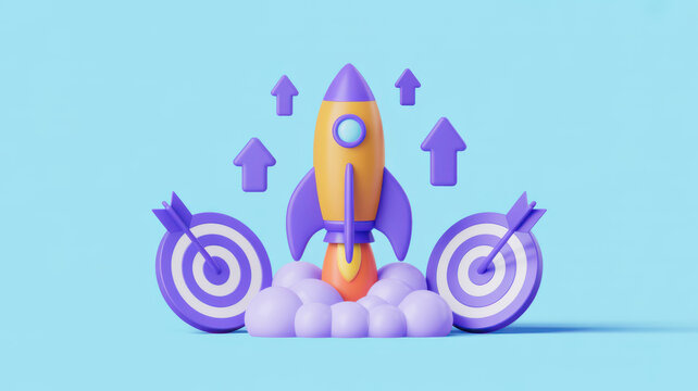 3D illustration of a rocket launching with target boards and upward arrows representing business growth and success.