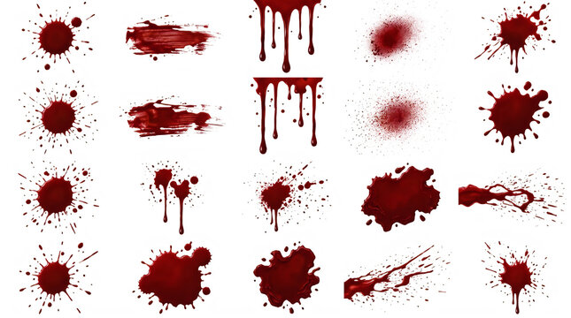 Collection of various red blood splatter and drip elements isolated on transparent background