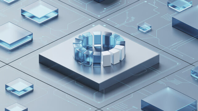 Abstract digital concept of a futuristic processor chip with glowing blue data blocks.
