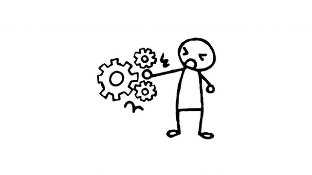 4K hand drawn machine working hazard pop-up icon featuring boiling line animation. Frame by frame line art on black and green screen backgrounds for industrial machinery danger, gear entangle risk.