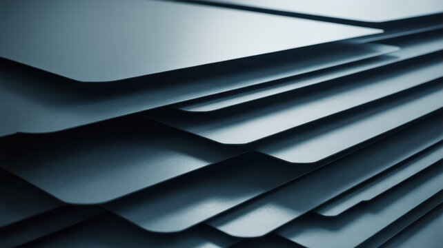 Abstract background of stacked dark blue metal plates with smooth rounded edges.