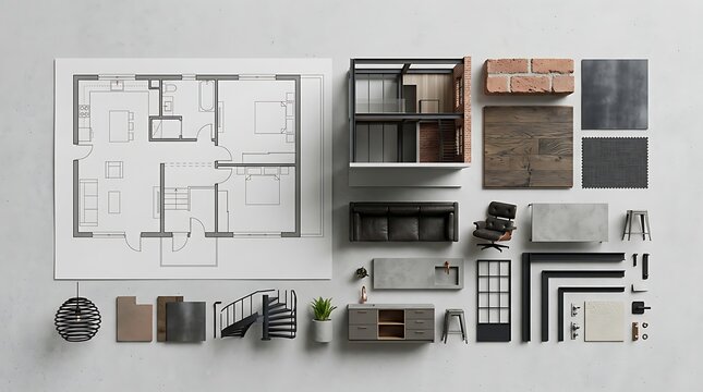 Modern interior design concept with blueprint and material samples