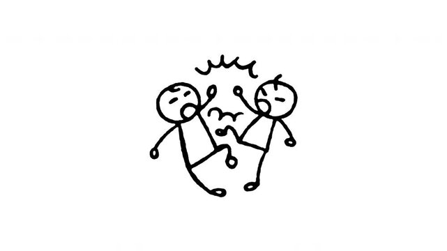 4K hand drawn people colliding pop-up icon featuring boiling line animation. Frame by frame line art on black and green screen backgrounds for crowd bump collision, pedestrian crash, human impact.