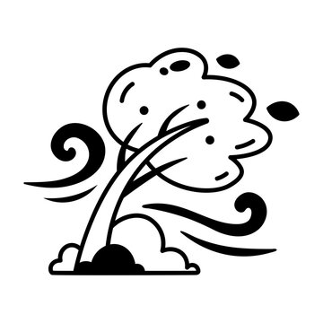 Glyph weather icon of a tree bending strongly in heavy wind.