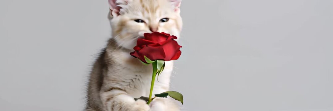 Cute kitten beside a red rose on white background, romantic pet concept, website banner with copy space for text
